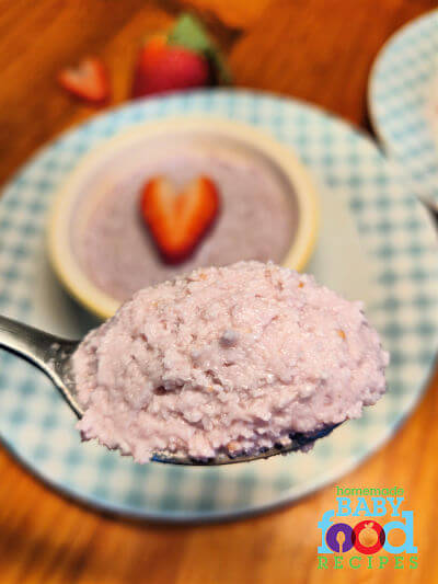 A spoonful of light and fluffy strawberry mousse for baby. This mousse is easy to make and has a lovely soft texture for baby to eat.
