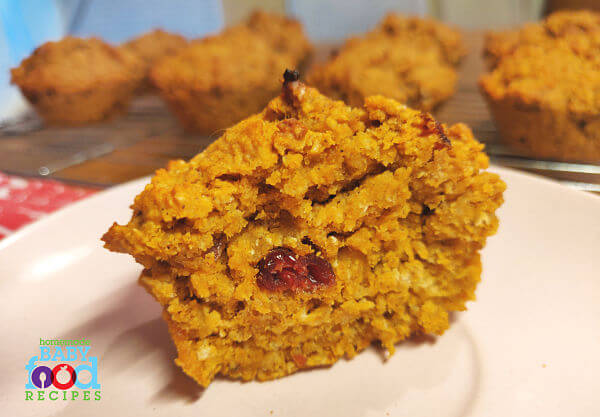 A sweet potato muffin for baby made with dried cranberries